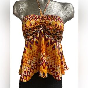Halter blouse,Garden Desert, yellow,red & blue, side zipper, tie at neck, size M
